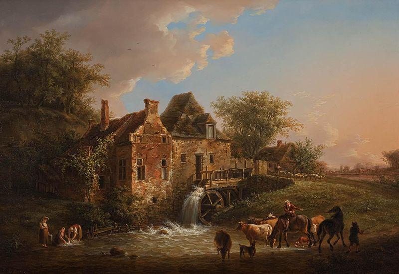 Henri van Assche Landscape with waterfall and farm